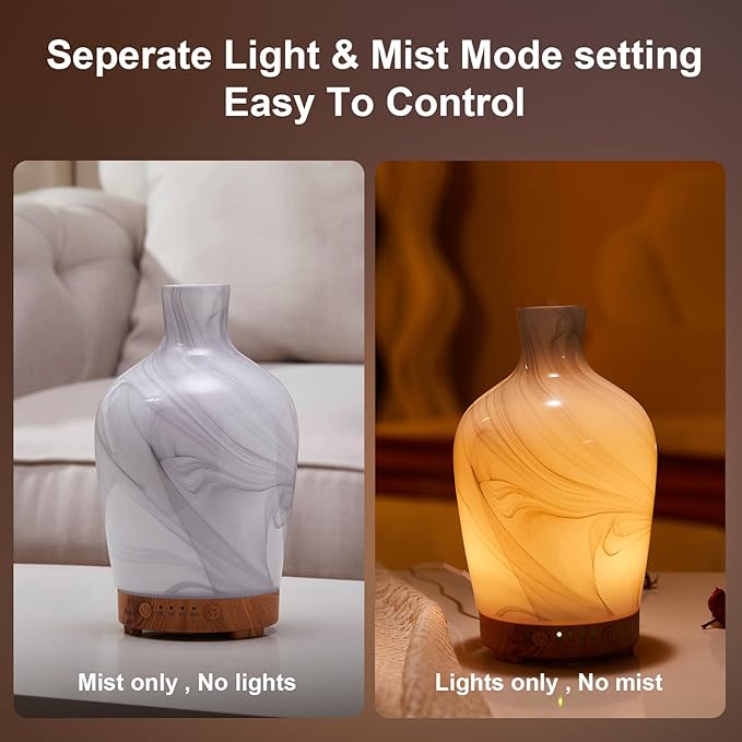 Classical Vase Art Glass Aromatherapy Diffuser 160ml ultrasonic Cool Mist Scent Aroma Essential Oil Diffu er Humidifier with Intermittent Mist & LED 7 Colorful Changing Night Light for Bedroom