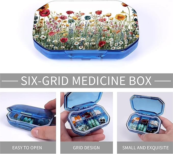This Portable Watercolor Wildflower Pattern 6-Compartment Pillbox Can Be Placed in A Pocket Or Wallet to Store Vitamins, Medicines Fish Oil Health Supplements Other Medications.