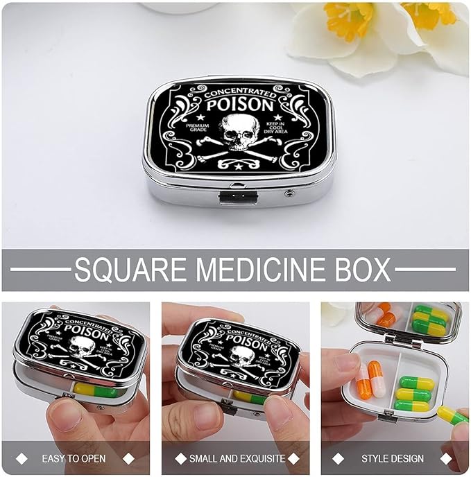 Metal 2 Compartment Pill Organizer Travel Friendly Portable Compact Pill Box Cute Pill Case to Hold Vitamins/Fish Oil/Supplements/Meds/Tablet for Purse/Pocket (Concentrated Poison) 1