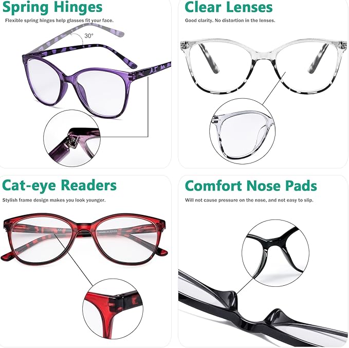 Eyekepper 4 Pack Oversized Reading Glasses - Cat Eye Design Readers for Women Reading +1.25