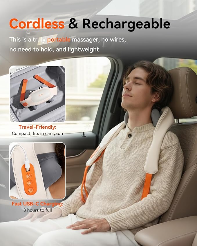 Cordless Neck Massager with Heat, 6D Shiatsu Neck & Shoulder Massager for Pain Relief Deep Tissue, Dual-Sided Massage Heads, Relaxing Electric Kneading Massage, Best Gift for Men Women