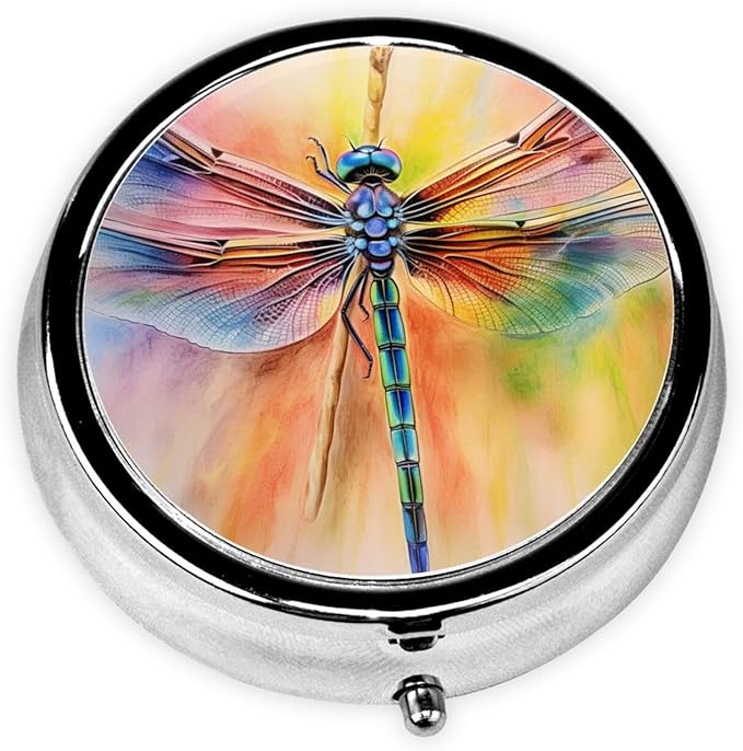 Hand Draw Retro Dragonfly Pill Box 3 Compartment Pill Case, Portable Medicine Pill Organizer for Pocket Purse Pill Box Decorative Metal Medicine Vitamin Organizer