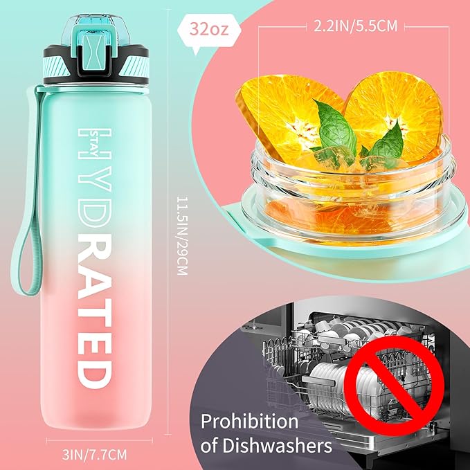 Water Bottle with Straw, 32oz Motivational Water Bottles with Time Marker to Drink, Tritan BPA Free, 1L Sports Water Bottle with Carry Strap LeakProof for Women Gym Fitness Outdoor (1 Pack)