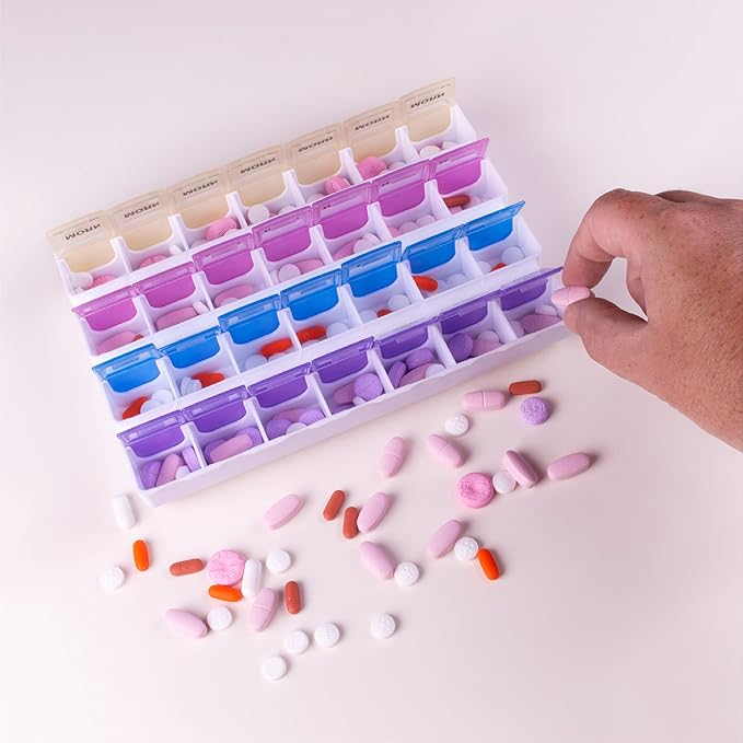 Apex 7-Day Mediplanner Pill Organizer, Weekly Pill Organizer, 4 Times A Day Color-Coded, Easy-Open, See-Through Lids, Organize Medication Or Vitamins by AM, PM, Evening and Bedtime