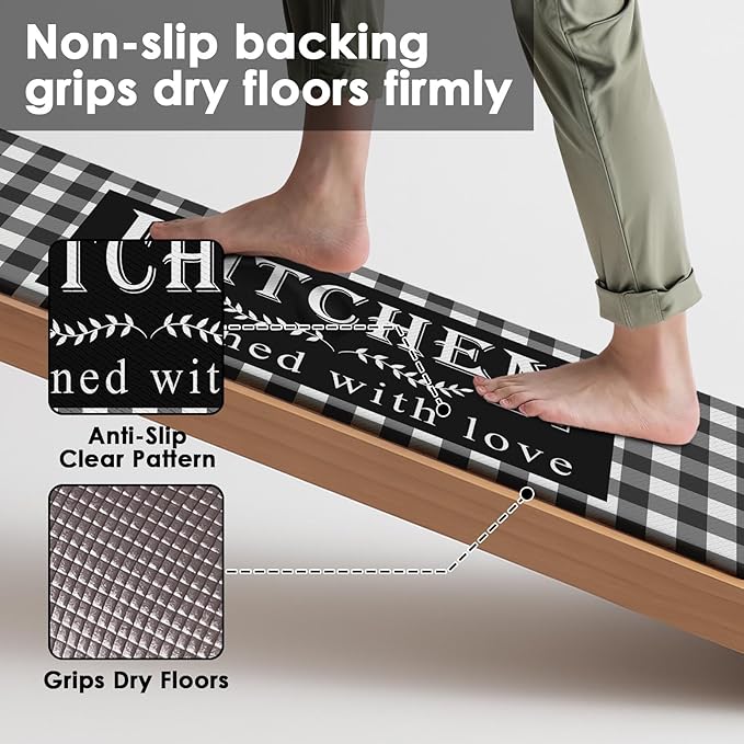 Arttown Farmhouse Anti-Fatigue Kitchen Rug Set of 2 Black White Buffalo Plaid Cushioned Floor Mat, Standing Waterproof Non-Slip Kitchen Mat PVC Ergonomic Comfort Foam Rug