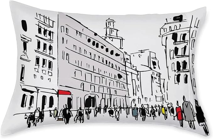 XISUNYA Decorative Bedding Sheet Set Queen Size, Urban Deep Pockets Fitted Sheet & 2 Pillow Sham Set, Pedestrians on Busy Street with Buildings Modern Cityscape Print Microfiber 3pc Bed Sheets Set