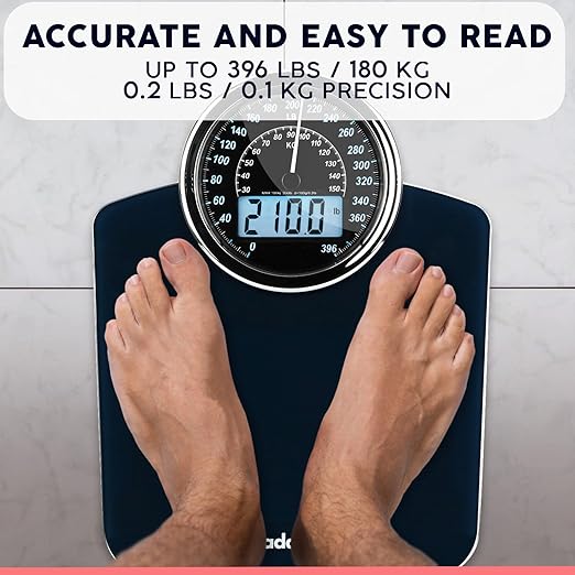 Adamson Hybrid 2-in-1 Analog & Digital Weighing Scale for Body Weight up to 400lbs - Thick Tempered Glass - Extra Large Display - Easy to Read Digital Bathroom Scale - Blue with Black Backlight