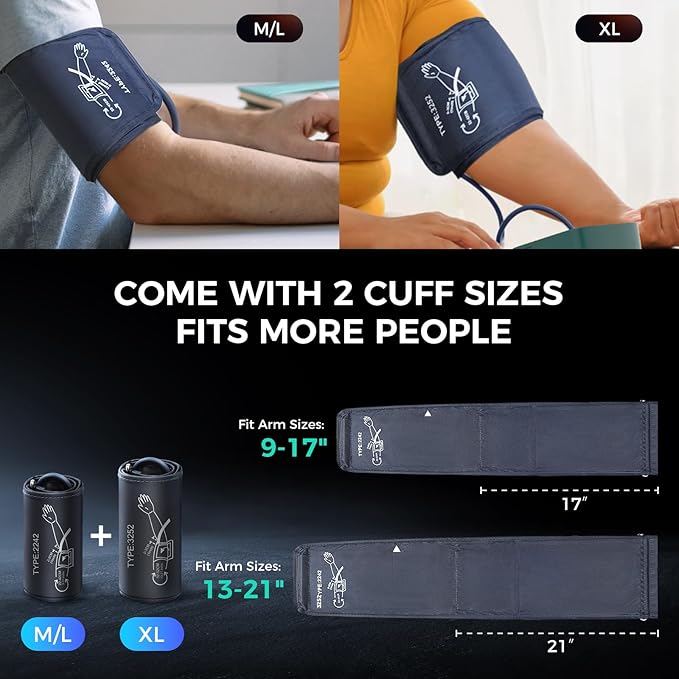Blood Pressure Monitor,2 Cuff Sizes Automatic Upper Arm Blood Pressure Machine,9-17'' & 13-21'' Extra Large Blood Pressure Cuff Large LED Backlit Screen-3 User Mode/USB Cable and 4 AAA Batteries