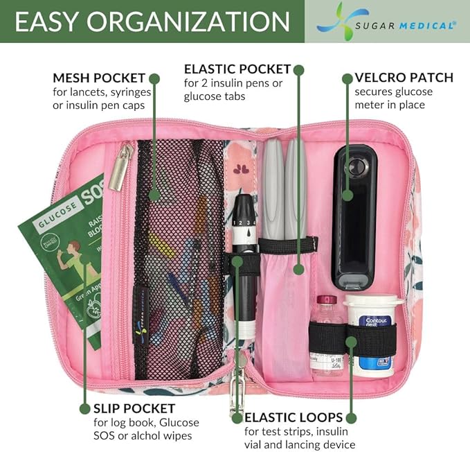 Sugar Medical Diabetes Supply Case |Diabetic Care Products | Diabetic Supplies Travel Organizer | Diabetic Supply Bag | Glucose Meter Kit | Diabetic Bags for Supplies | Glucometer Case (Luna Floral)