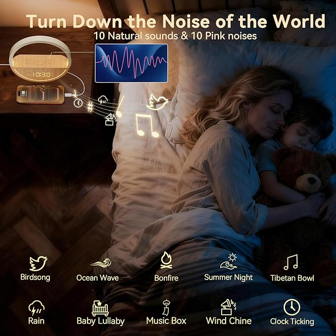 Vivilumens Wake Up Light Sunrise Alarm Clock - White Noise Machine with 20 Soothing Sounds for Sleep Better, Weekdays/Weekends Dual Alarms for Heavy Sleepers & Touch Control Night Light, Ideal Gifts