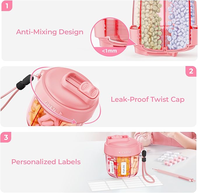AUVON Portable Pill Dispenser to Store 7 Various Supplements, Travel Pill Organizer Bottle with Anti-Mixing Design, Arthritis-Friendly Pill Container with Wide Opening & Slider Lid, 20 Blank Stickers