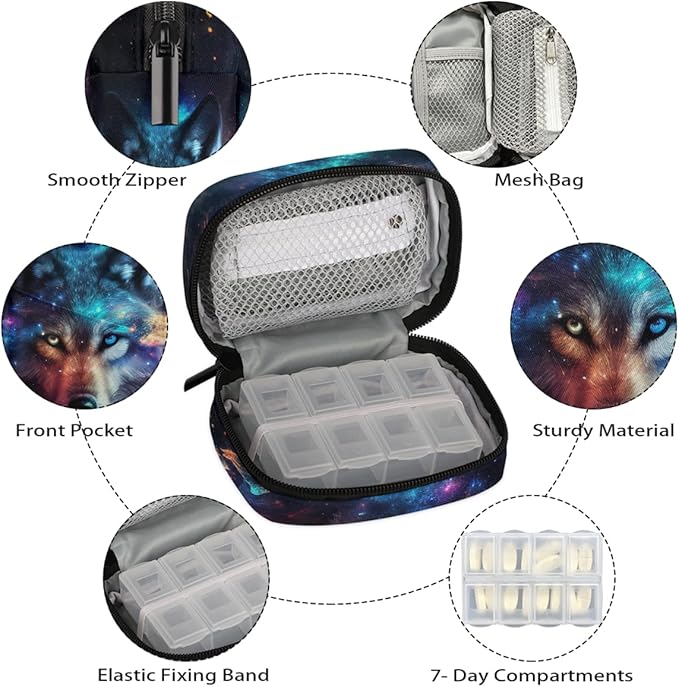 Wolf Galaxy Nebula Pill Case Travel Pill Organizer Weekly 7 Day Portable with Zipper Medicine Box Pill Case for Vitamins, Birth Control,Fish Oils,Medication, Supplements