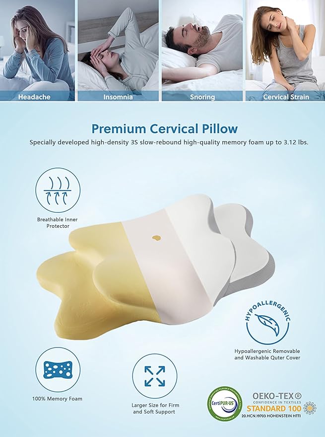 Cervical Neck Pillow for Sleeping | Ergonomic Pillow for Sleep Apnea, Neck Pain, and Snoring Relief | Contour Memory Foam with Ergonomic Support, White