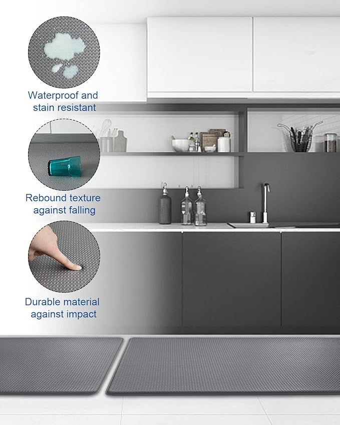 Artnice Kitchen Mats for Floor 2PCS, 0.4inch Stylish Anti Fatigue Mat, Non-Slip Standing Desk Mat, Waterproof Kitchen Rugs Set for Kitchen Floor, Office, Sink, Laundry 17.3"×30"+17.3"×47", Grey