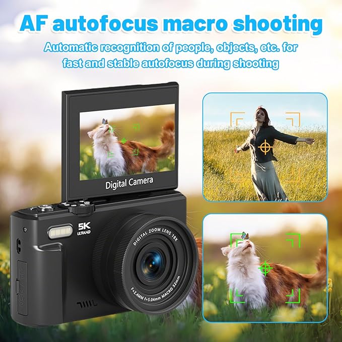 5k Digital Camera,75mp Cameras for Photography with 18x Digital Zoom & Autofocus,3" 180° Flip Screen,WiFi Vlogging Camera for YouTube Video,Photography Cameras for Beginners,With32GB Card & Flas