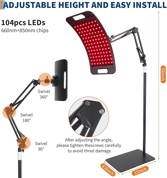 Curved Red Light Therapy Floor Lamp, 104 LEDs Red Infrared Light Therapy Device for Face and Body, Adjustable Stand for Home Use, 660nm+850nm for Skin Care & Pain Relief