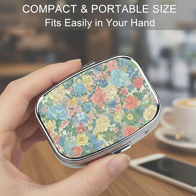 Square Pill Case Small Pill Box with Mirror Pocket 2 Compartment Vitamin Pill Medicine Case Organizer Pill Containers for Traveling Blooming Flower One