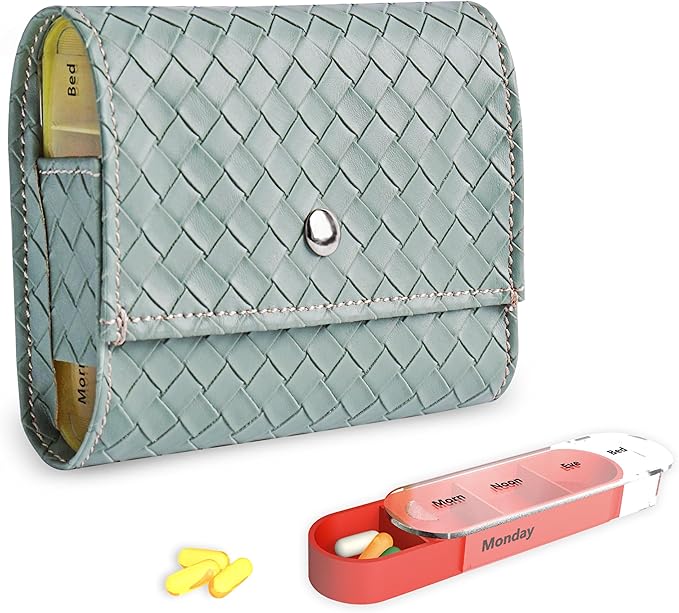 Pill Organizer,LIZIMANDU Weekly Travel Pill Case Box Medication Reminder Daily AM PM, Day Night 7 Compartments,for 4 Times A Day, 7 Days a Week-Includes Leather PU Carrying Case(1-Weave Green2)