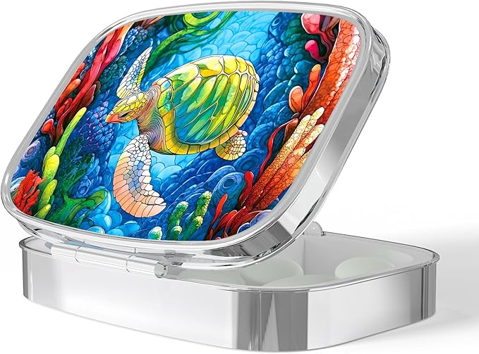Pill Box-2 Compartment Small Pill Case Portable for Pocket & Purse Single Pill Carrier Pill Container to Hold Vitamins Medication Fish Oil and Supplements BPA-Free(Sea Turtle)