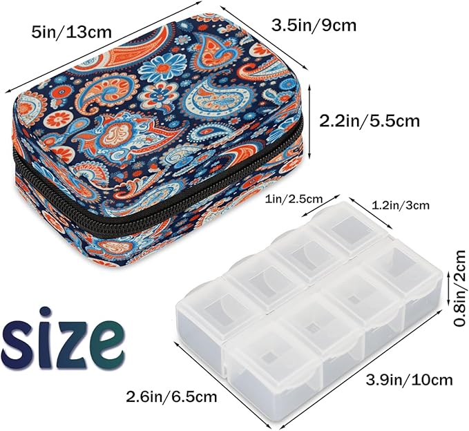 Color Psychedelic Paisley Travel Pill Organizer Box Weekly Portable Pill Case Daily Pills 7 Day Small Birth Control Pills Container Removable Compartments for Medicine Vitamins Fish Oil