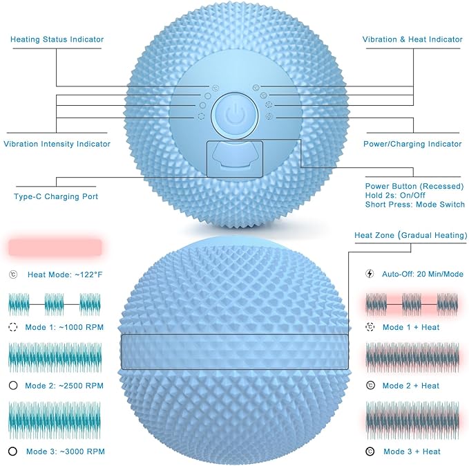 Vibrating Massage Ball with Heat, 7 Modes, Memory, Myofascial Release, Deep Tissue Muscle Recovery Ball for Trigger Point Massage - Mobility Ball Back & Hip Flexor Release Tool (Blue)