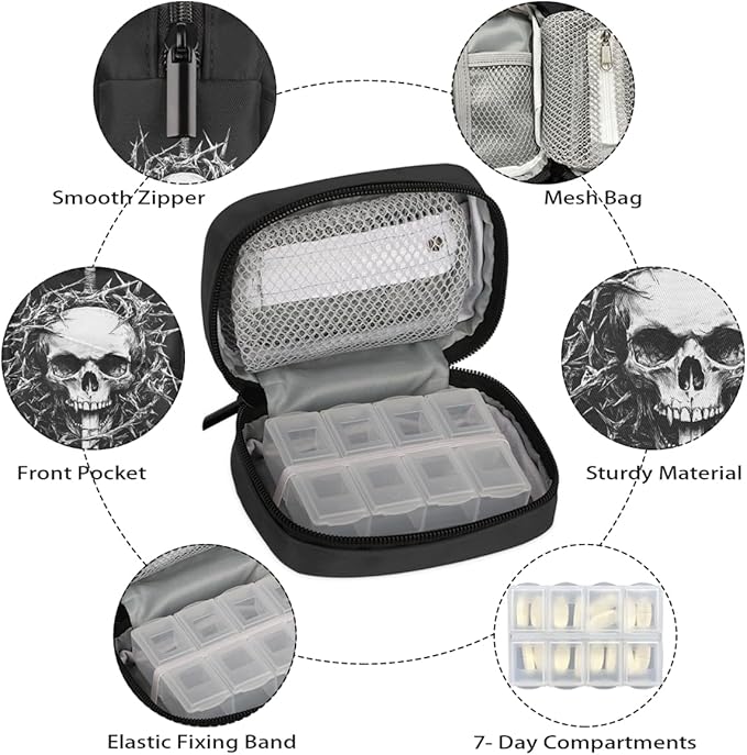 White Skull Art Pill Case Travel Pill Organizer Weekly 7 Day Portable with Zipper Medicine Box Pill Case for Vitamins, Birth Control,Fish Oils,Medication, Supplements