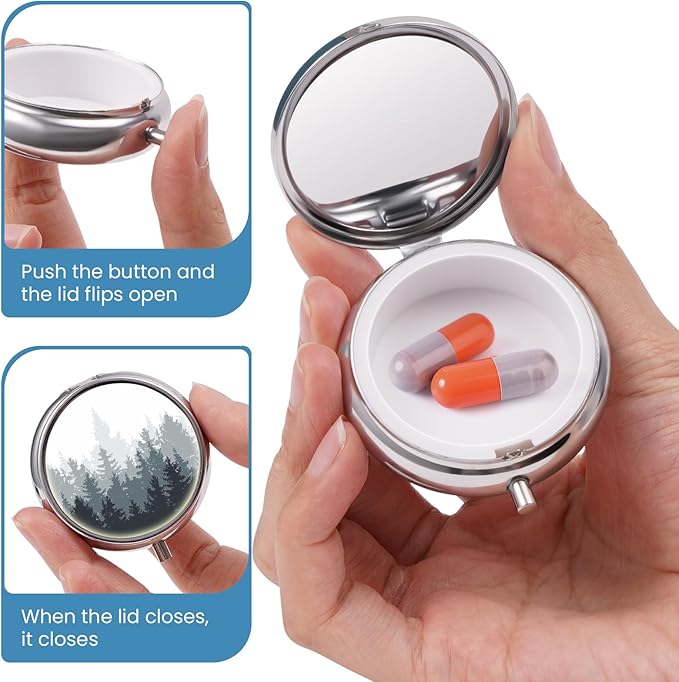 Mini Pill Box, Small Pill Box, Portable Pill Box, Cute Pill Organizer for Vitamins, Medications, Fish Oil and Supplements (Woodland)