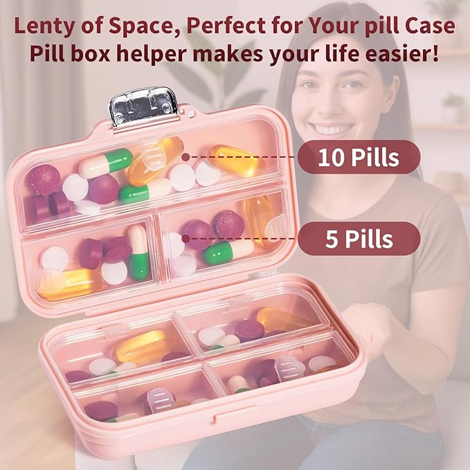 Daviky Travel Pill Organizer,Large 7-Compartment Pill Box for Vitamins & Medications, Compact Medicine Case for Pocket or Purse(Pink)