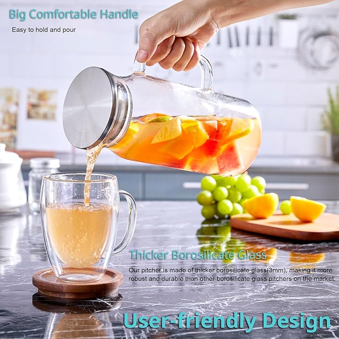 Bivvclaz 1.2 Liter 40 oz Small Glass Pitcher with Lid and Handle, Glass Carafe for Hot/Cold Water, Iced Tea Jug for Coffee, Juice and Homemade Beverage