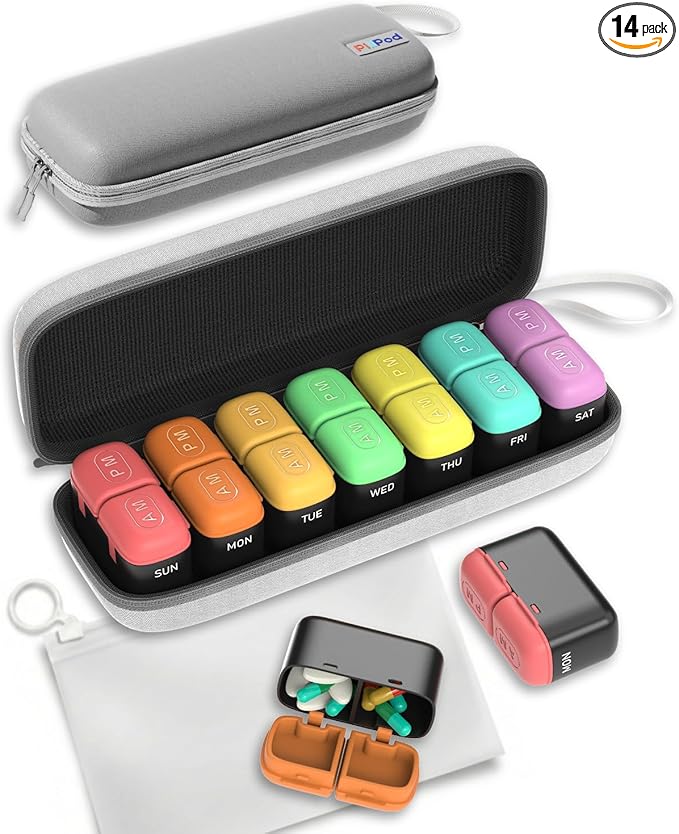 Weekly Pill Organizer, 7 Day Travel Medicine Pill case with Moisture-Proof Silicone Lid, Large AM PM Daily Pill Organizer 2 Times a Day for Vitamins & Supplements, Secure Zipper Pill Box(Rainbow)