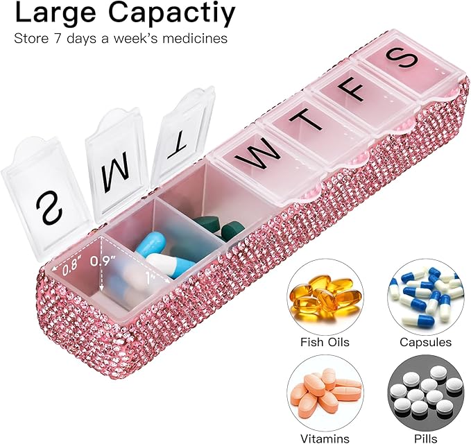 Soleebee Portable Weekly 7 Day Pill Organizer, Bling Crystal Pill Box Case, Travel Pill Planner, Pill Dispenser, Medicine Vitamin Container Organizer (Pink)