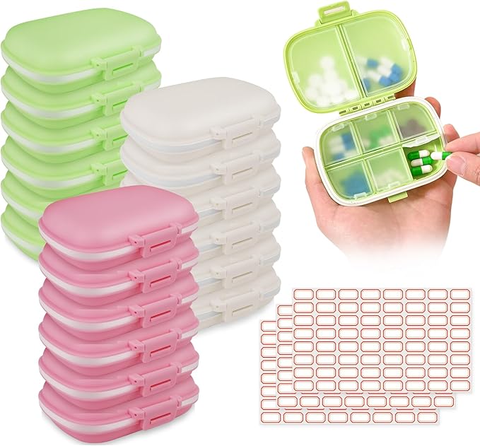 18 Pack Travel Pill Boxes Bulk Small Pill Case Portable Pill Organizer 8 Compartments Pill Box Dispenser Daily Vitamin Jewelry Organizer Travel Must Haveswith(3 Colors with 192 Pcs Labels)