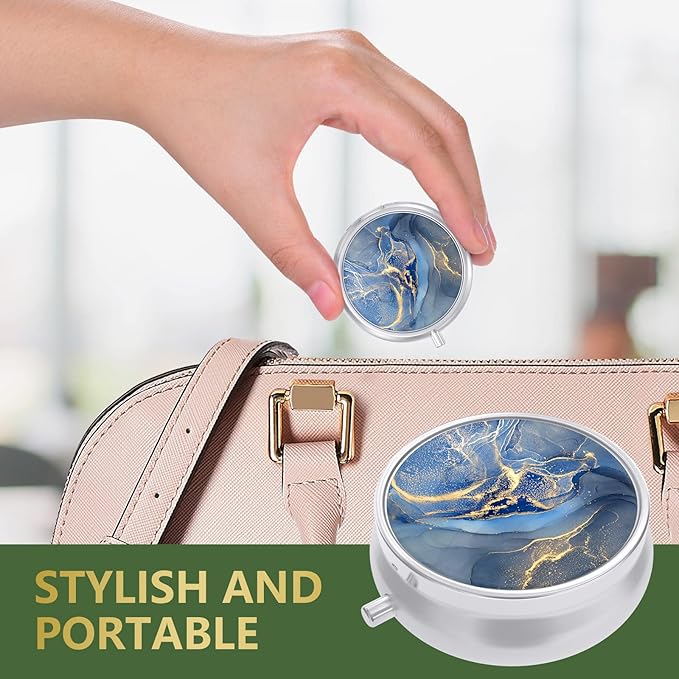 Nipichsha Pill Box, Small Pill Case for Purse & Pocket, Cute Travel Medicine Organizer, Portable Medicine Container Holder to Hold Vitamins, Medication, Fish Oil & Supplement, Dark Blue Marble