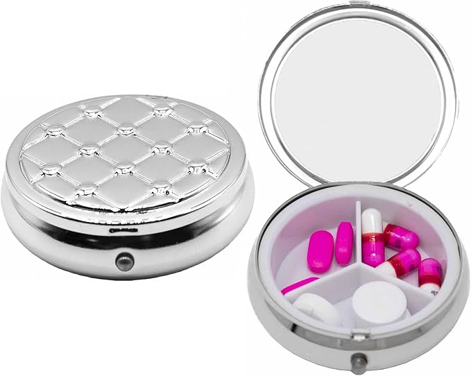 Set of 2 Circular Embossed Triple-Compartment Pocket Purse Pill Box & Organizer (Silver Hearts)