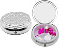 Set of 2 Circular Embossed Triple-Compartment Pocket Purse Pill Box & Organizer (Silver Hearts)