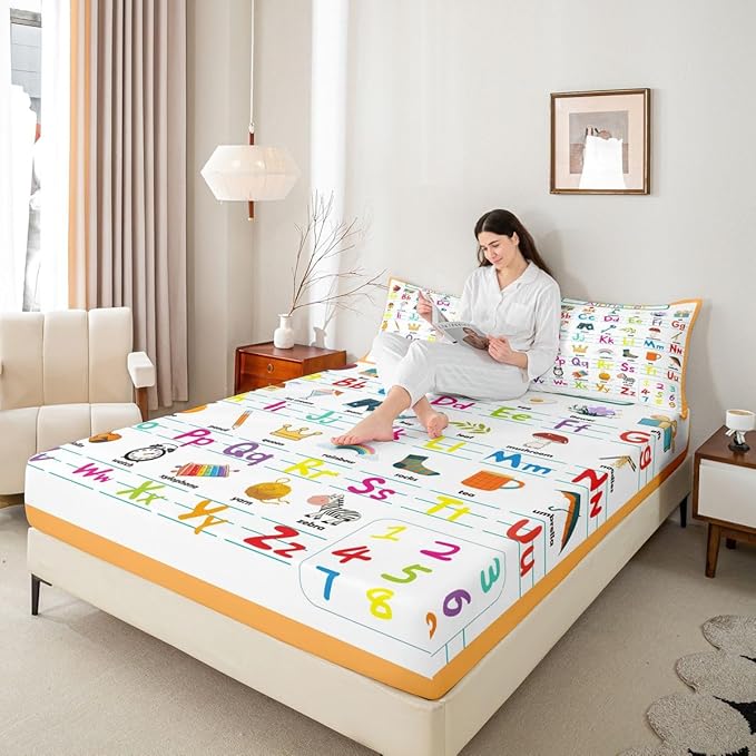 ABC Alphabet Bed Sheet Set Queen Size, Cute Educational Learning Tool Fitted Sheet for Kids Toddler Cartoon Animal Bedding Set Learning Educational Bed Cover Lightweight Bed Set (No Flat Sheet)