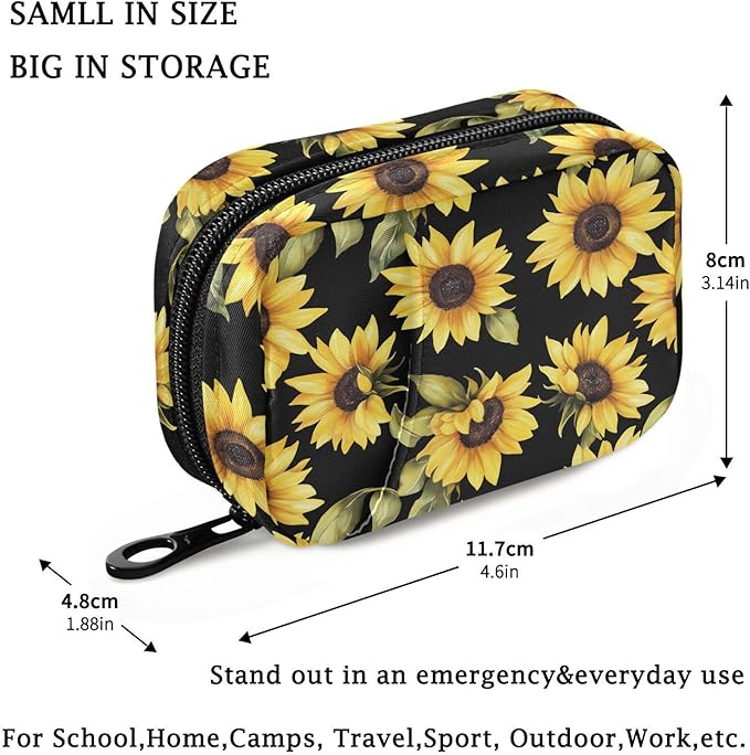 Fustylead Vibrant Yellow Sunflowers on Black Background Pill Organizer Case with Zipper 2 Times A Day for Vitamin and Supplement, 7 Day Travel Organizer Medicine Case
