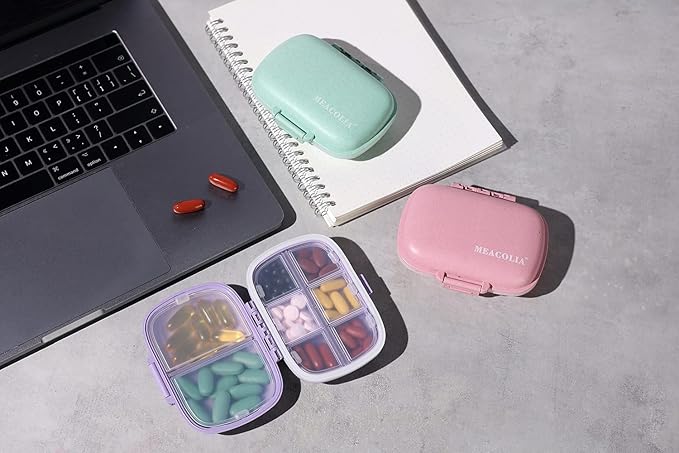 MEACOLIA 3 Pack 8 Compartments Travel Pill Organizer, Daily Pill Case Small Pill Box for Pocket Purse, Portable Pill Container Medicine Vitamin Organizer (Purple, Green, Pink)
