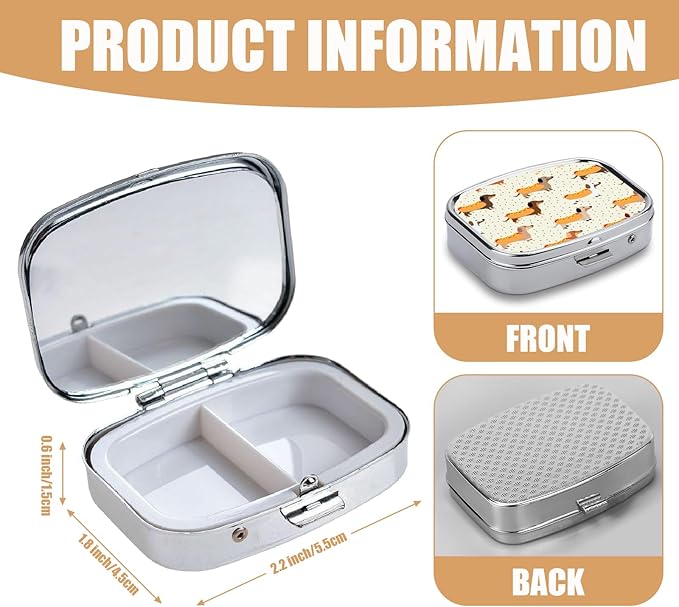 Pill Box-2 Compartment Small Pill Case Square Organizer Case with Mirror Portable Metal Medicine Box Travel Container for Pocket & Purse Women Men(Cute Dog)