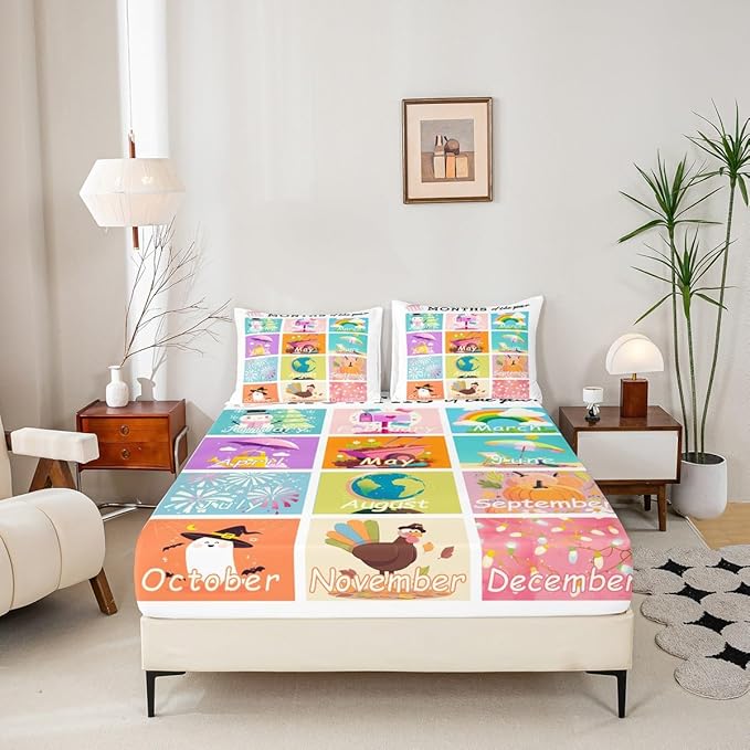 Feelyou Kids Educational Bedding Set Full Size, Months Bed Sheet Set Boys Girls Learning Fitted Sheet Kindergarten Teens Bedroom Decor Lightweight Bed Set (No Flat Sheet)