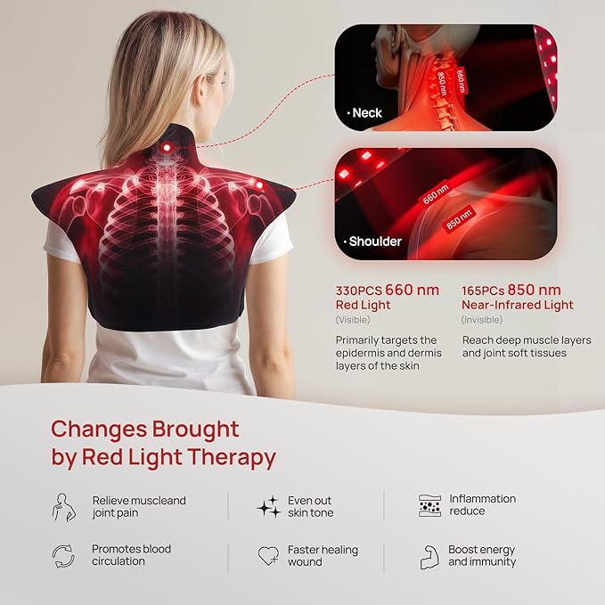 Red Light Therapy Pad for Neck Shoulder Back Pain Relief, Infrared Light Therapy Heating Warp for Upper Back, 165LEDs 3-in-1 Chip，660nm&850nm(Black)