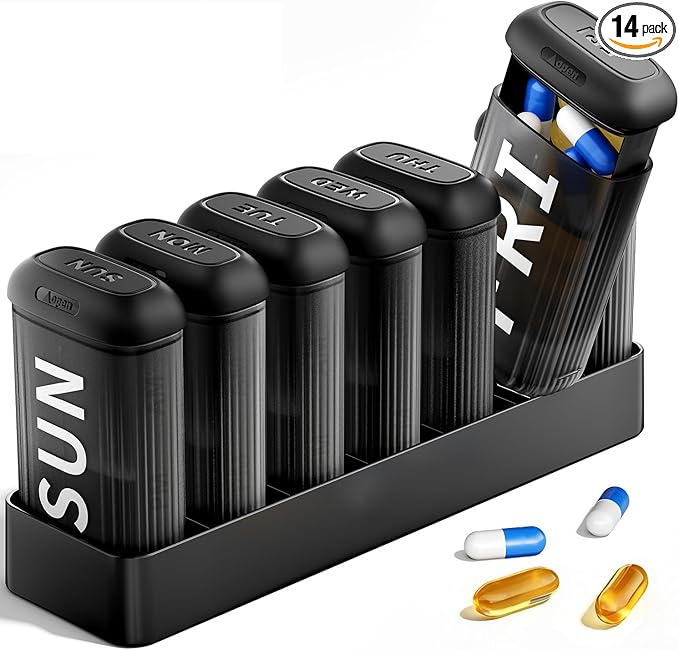 Betife Pill Organizer 2 Times a Day, AM PM Weekly 7 Day Large Pill Box, Travel Medicine Vitamin Holder Container for Daily Supplements (Black)