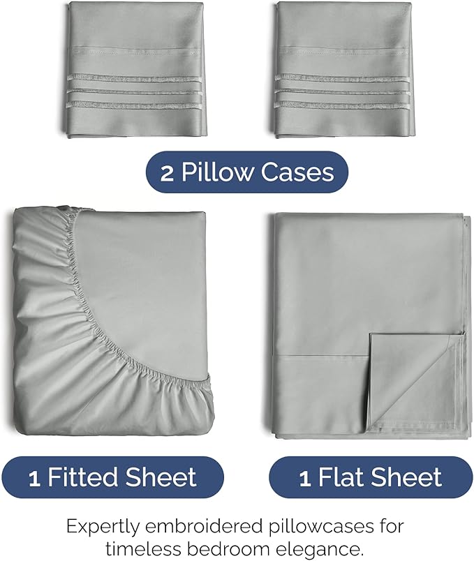 Queen Size 4 Piece Sheet Set - Extra Soft, Breathable & Cooling Sheets - Hotel Luxury Bed Sheets for Women & Men - Deep Pockets, Easy-Fit & Wrinkle-Free Sheets - Light Slate Grey Oeko-Tex Bed Sheets