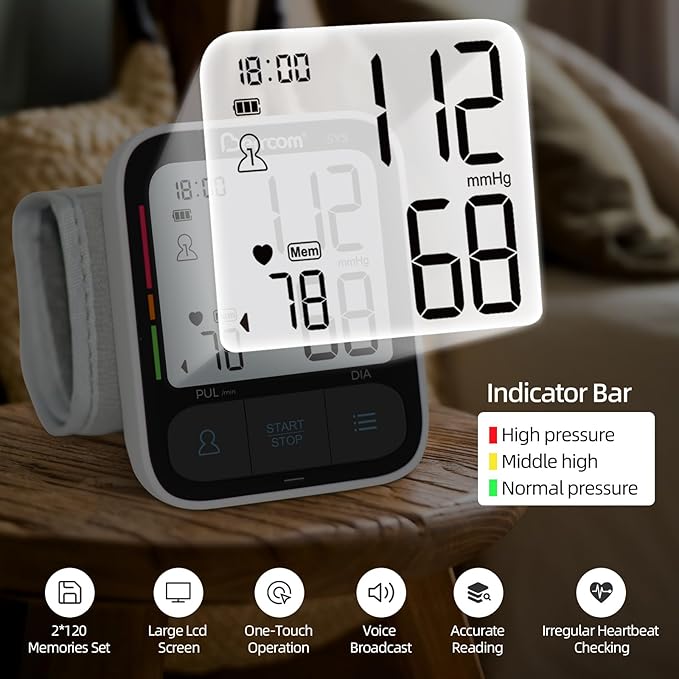 Berrcom Wrist Blood Pressure Monitor for Home Use, Automatic Digital BP Machine with Voice Broadcast, Large LCD Display, 2×120 Memory, Portable Case Included