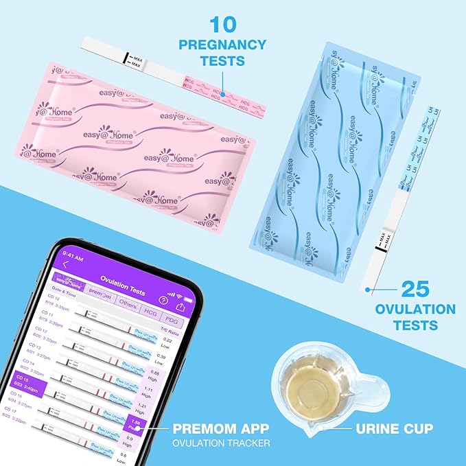 Easy@Home Ovulation & Pregnancy Test Strips Kit: 25 Ovulation Tests 10 Pregnancy Tests & 35 Large Urine Cups - Powered by Premom Ovulation APP | 25LH + 10HCG + 35 Urine Cups