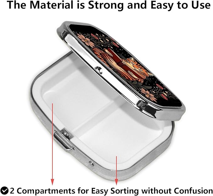 ABLESKY Pill Box, 2 Compartment Pill Organizer Case for Pocket or Purse, Small Portable Metal Travel Medicine Box with Mirror, Daily Vitamins Fish Oil Container-Vintage Reading Cat