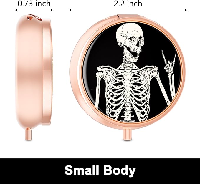 Rouidr Pill Box, 3 Compartment Medicine Pill Case, Small Metal Travel Medicine Box for Purse & Pocket, Rose Gold, Skull