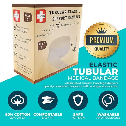Tubular Compression Bandage Size C (2.65” x 33 ft) – Elastic Stockinette Support Sleeve for Small Knee, Elbow, Forearm, Calves, Full Arm Cut-to-Fit, Washable Reusable, No Tape – Plus Medical Scissors