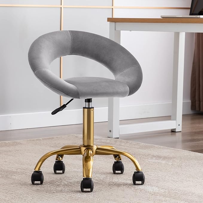 DUHOME Swivel Rolling Chair, Velvet Home Office Chair Adjustable Hydraulic with Backrest for Salon Tattoo Office Massage Medical Facial Spa, Grey