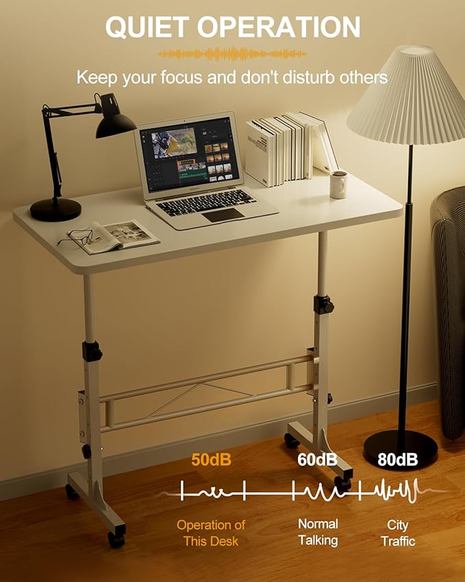 Small Standing Desk Adjustable Height, Mobile Stand Up Desk with Wheels, 32 Inch Portable Rolling Desks Conference Room Tables for Walking Pad Treadmill White